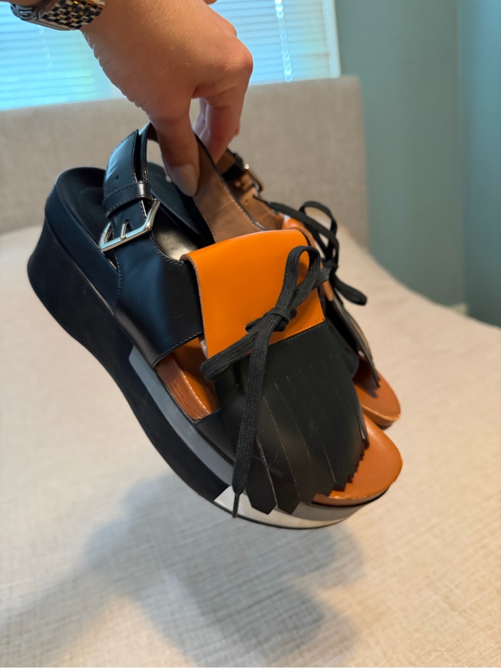 MARNI Leather Platform Fringe Sandals in Black and Orange Sz 8.5 LUXURY Designer